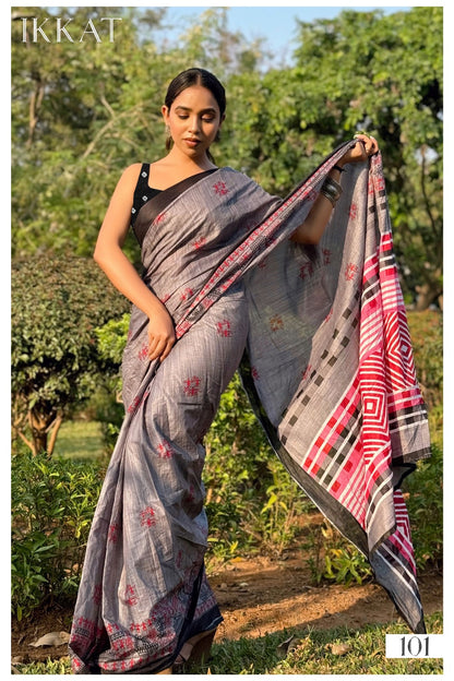 Handicraft Women's Ikat Pure soft Cotton Saree With Blouse Piece