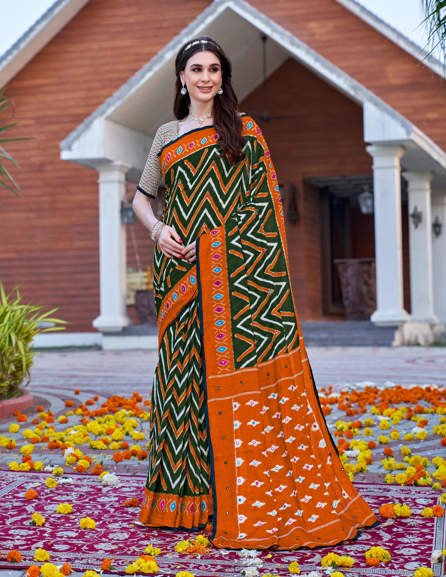 handicraft Ikat Block Print Pure soft Cotton Sari With Embriedry Mirror work And Blouse Piece