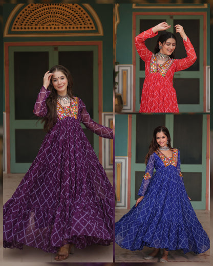 NEW DESIGNER NAVARATRI COLLECTION GOWN WITH BANDHANI PRINT AND KUTCHI PATCH WORK 2024