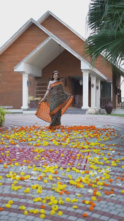 handicraft Ikat Block Print Pure soft Cotton Sari With Embriedry Mirror work And Blouse Piece