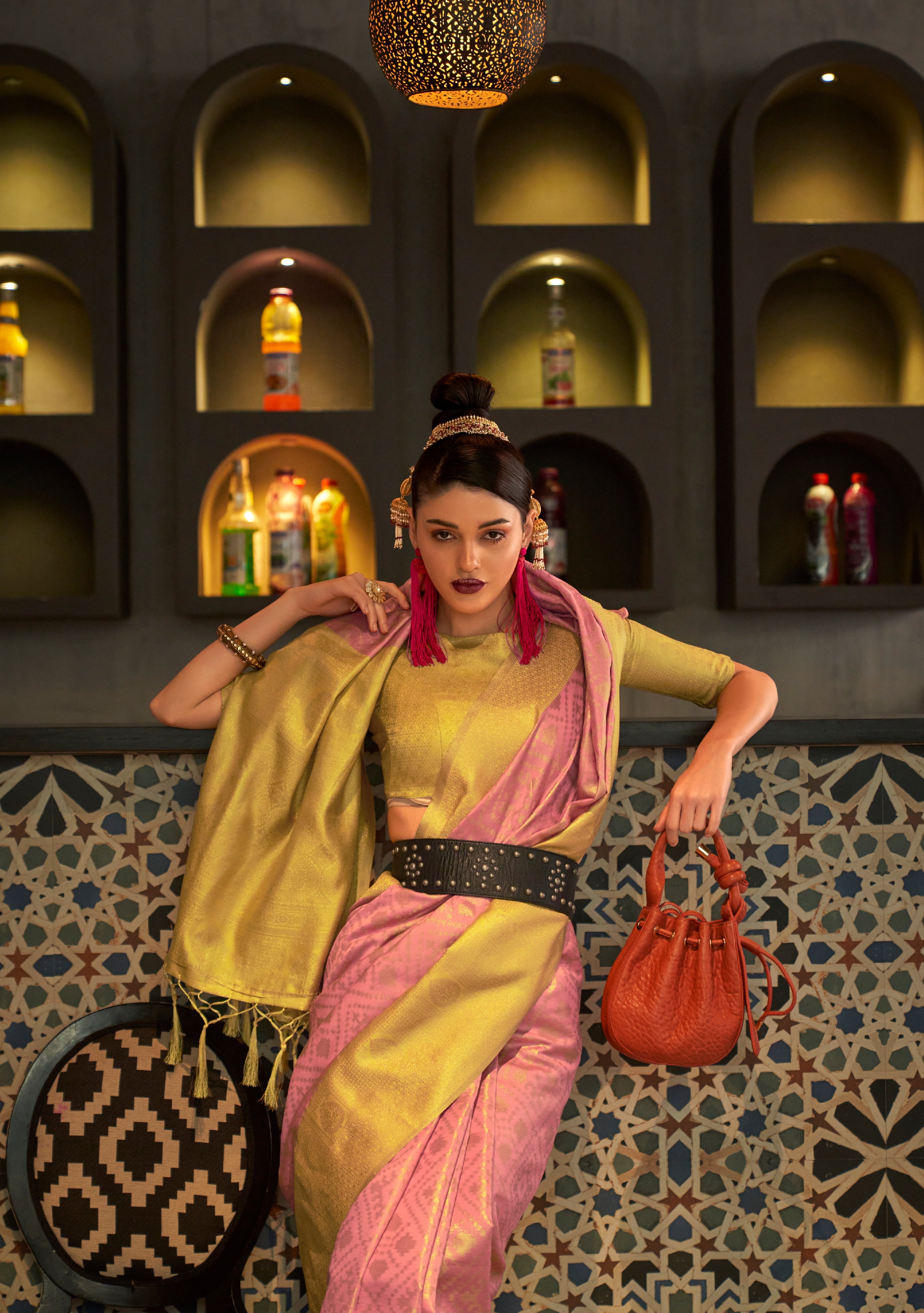 Peach and Yellow Zari Base Handloom Weaving Silk Saree KAIZAA