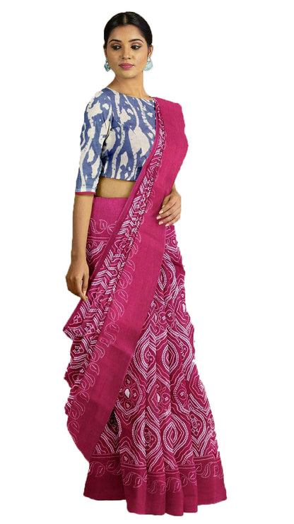 Handicraft Ladies Ikat Pure soft Cotton Sari With Blouse Piece Ragini Pink