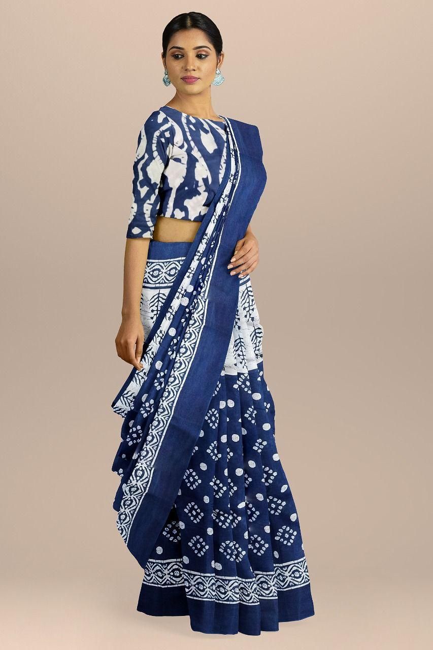 Handicraft Ladies Batik Pure soft Cotton Batik Sari With Blouse Piece Ragini Blue