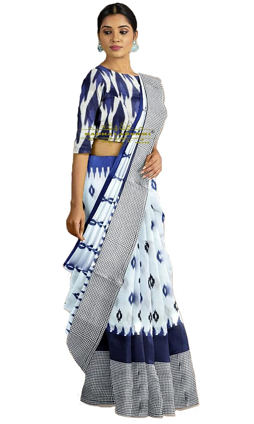 Handicraft Ladies Pure soft Cotton Block Printed Casual Wear Sari With Blouse Piece Ragini White Blue