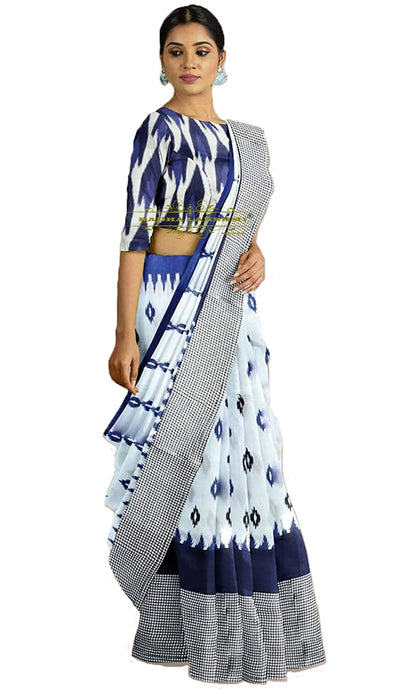 Handicraft Ladies Pure soft Cotton Block Printed Casual Wear Sari With Blouse Piece Ragini White Blue