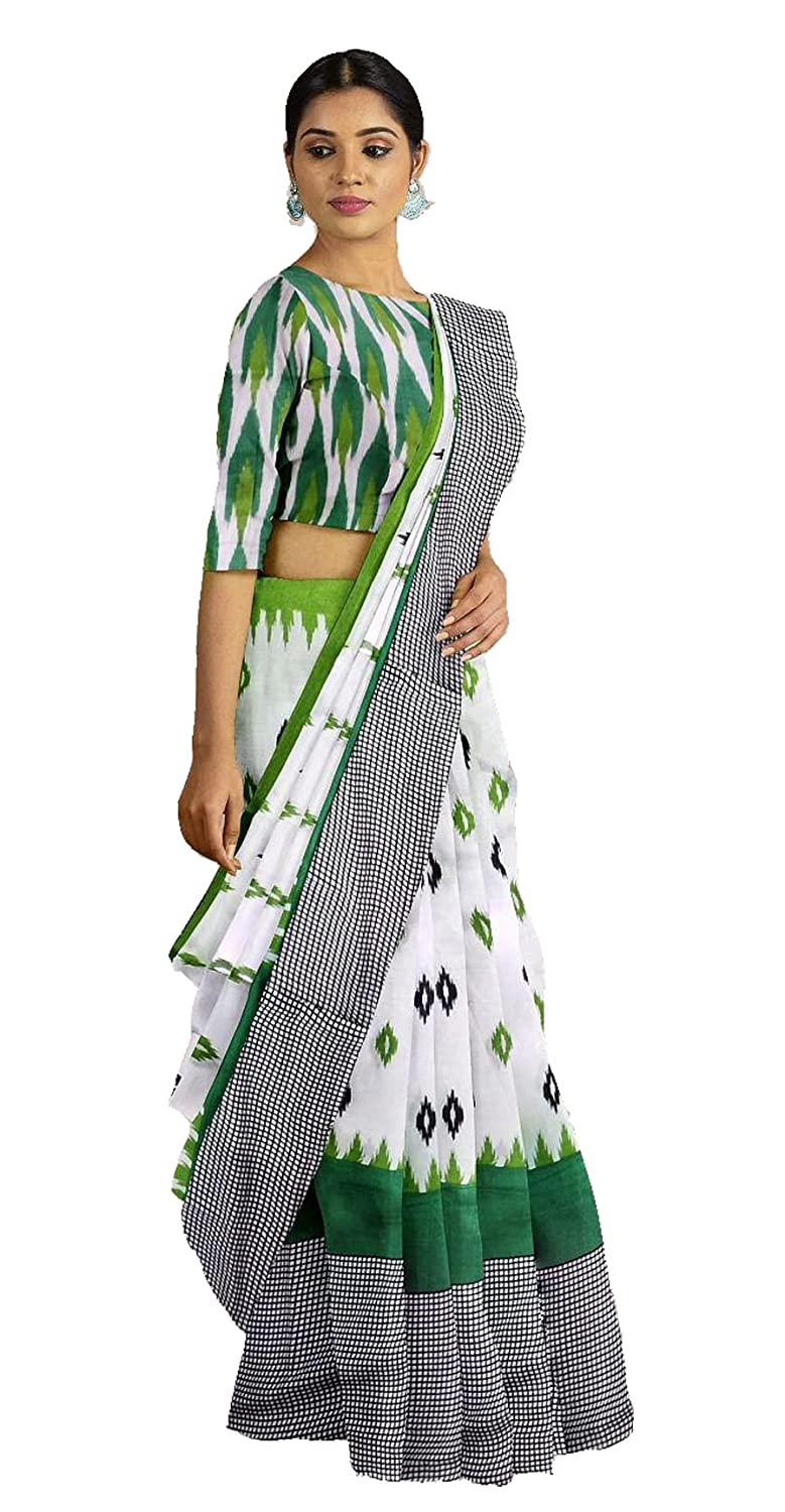Handicraft Ladies Pure soft Cotton Block Printed Casual Wear Sari With Blouse Piece Ragini White green