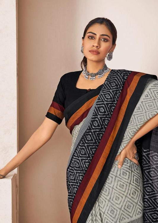 Handicraft Women's Ikat Pure soft Cotton Saree With Blouse Piece