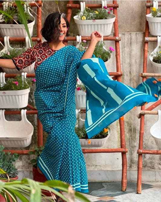 Handicraft Ladies Ikat Pure soft Cotton Sari With Blouse Piece Chhand Light Blue