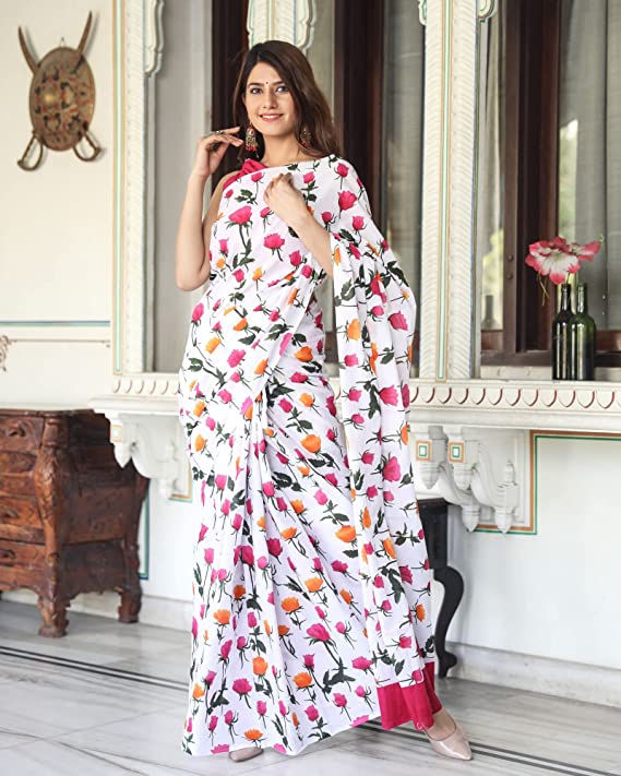 Handicraft Ladies Block Print Pure soft Cotton Sari With Blouse Piece Gulabo