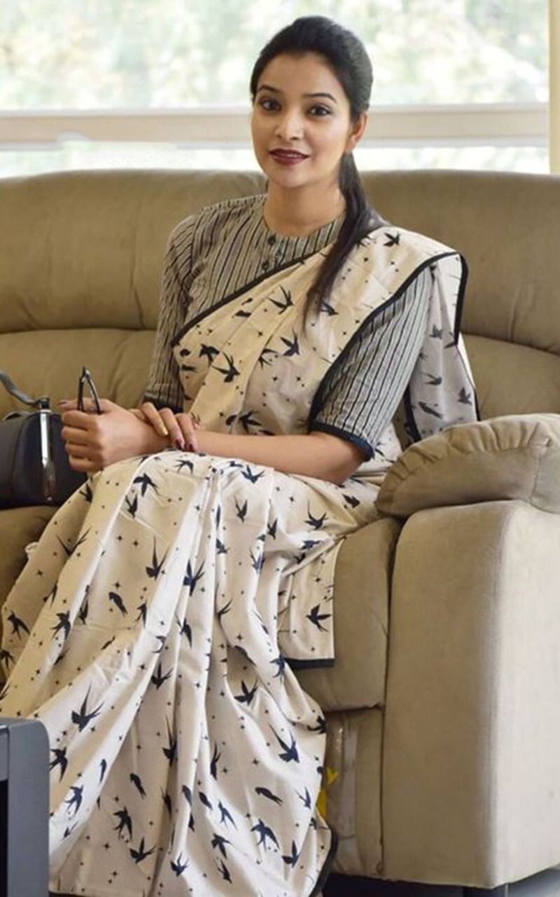 Handicraft Ladies Ikat Block Print Pure soft Cotton Sari With Blouse Piece panchi