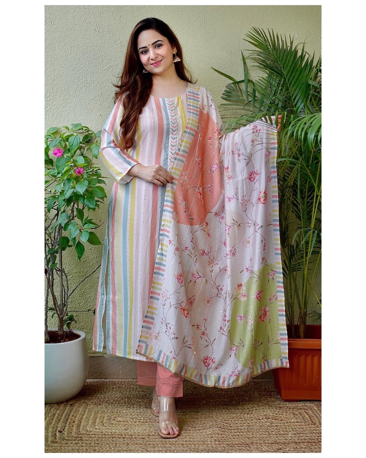 stunning Ivory Muslin Suit Set with beautiful multi colour digital print stripes