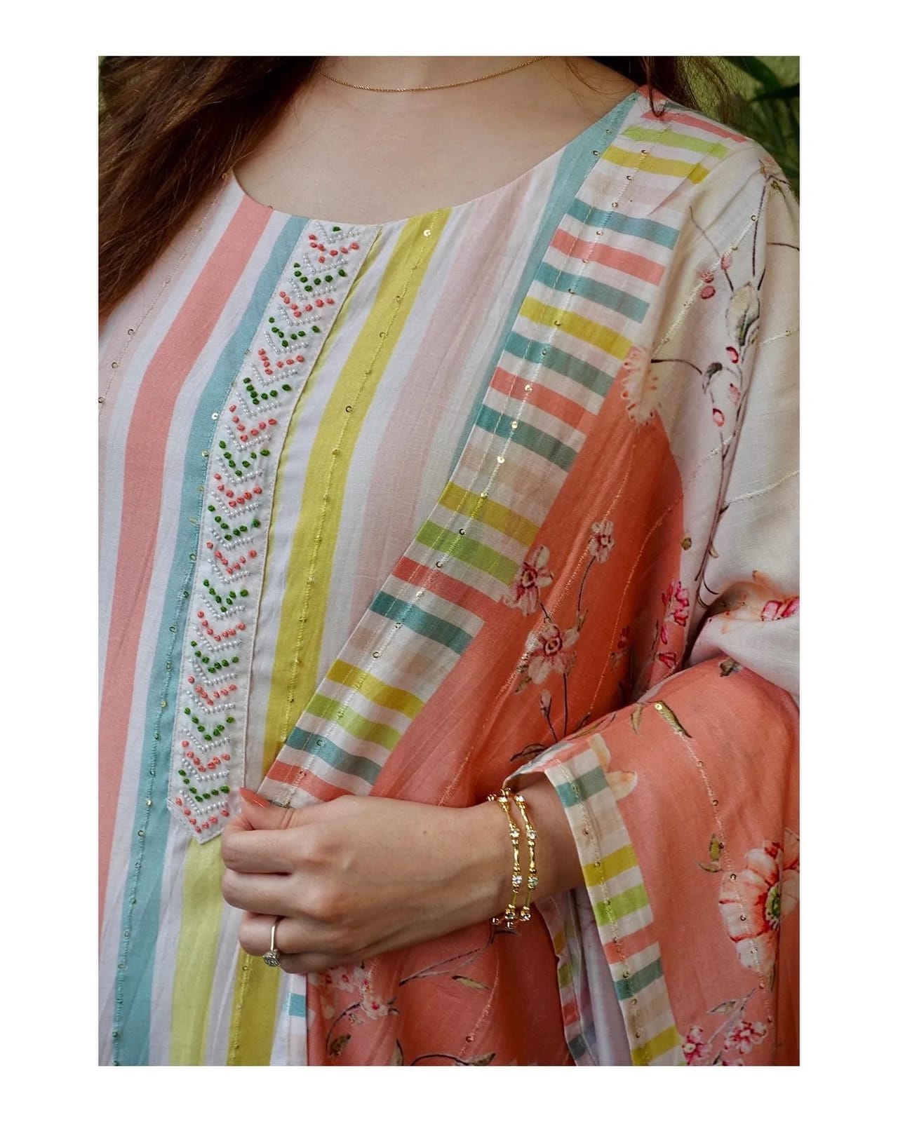 stunning Ivory Muslin Suit Set with beautiful multi colour digital print stripes