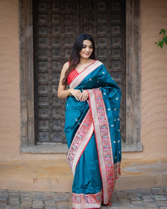 Women's  Banarasi Soft Silk Pure  Zari Woven Sari With Blouse piece Blue