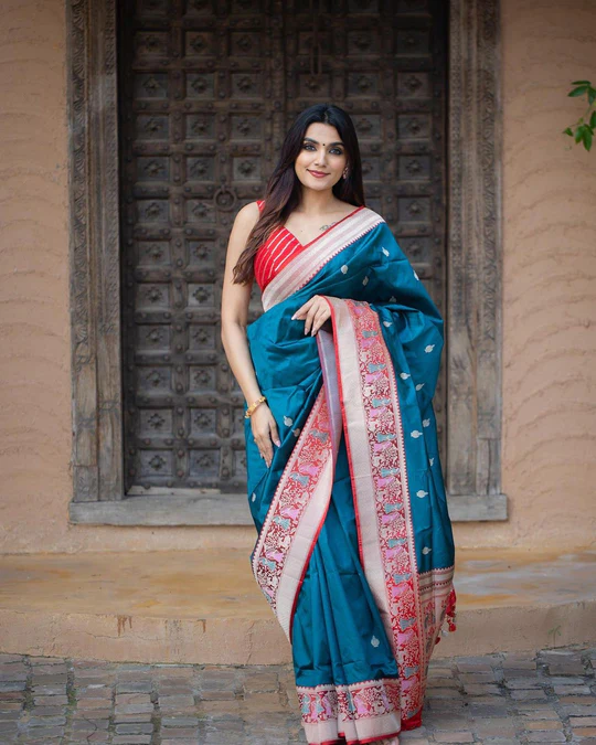 Women's  Banarasi Soft Silk Pure  Zari Woven Sari With Blouse piece Blue