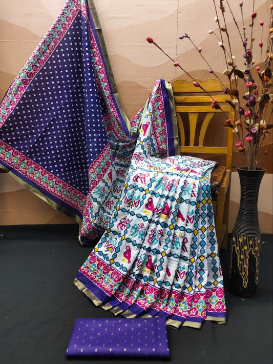 Handicraft Women's  Patola Print Pure soft Cotton Saree With Zari Border and Blouse Piece