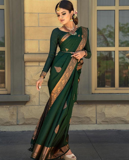 Green Banarasi copper zari  woven SOFT LICHI SILK SAREE