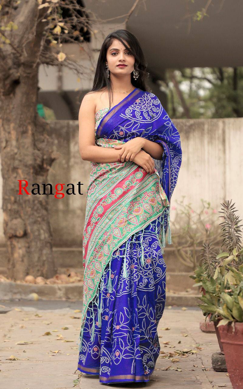 Handicrafts Women's Hand Block Bandhani Print Pure Soft Cotton Mulmul Saree Grey Multi Colour Zari Border with Blouse Piece