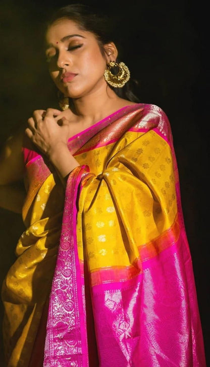 Ethinic Pocket Yellow Pink Soft Silk Saree With Jacquard Zari Weaving Work.