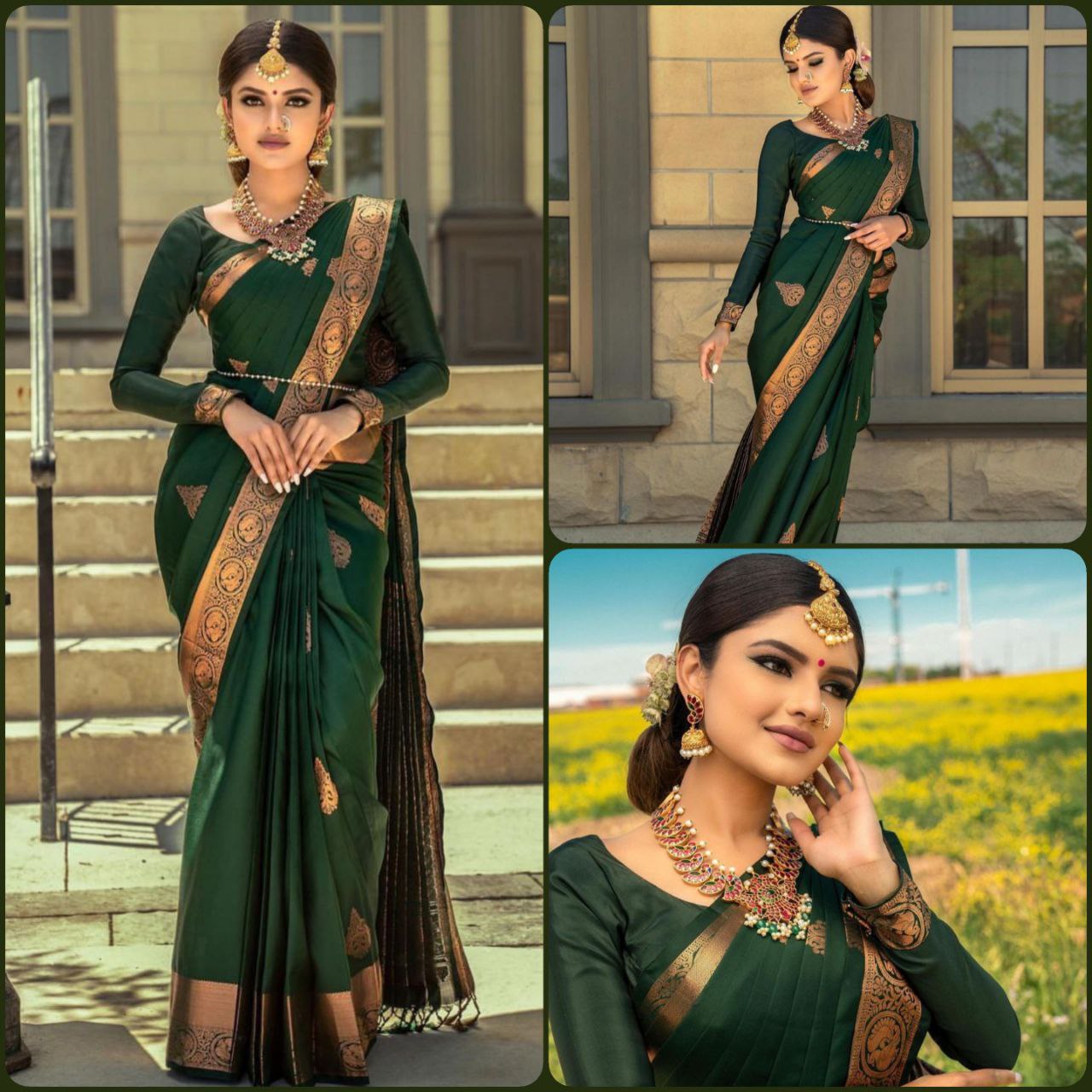 Green Banarasi copper zari  woven SOFT LICHI SILK SAREE