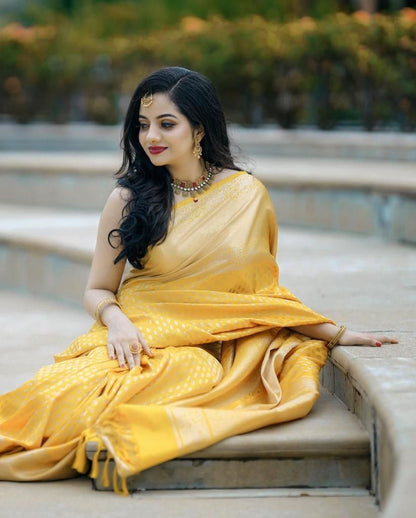 Yellow banarasi weaving silk saree
