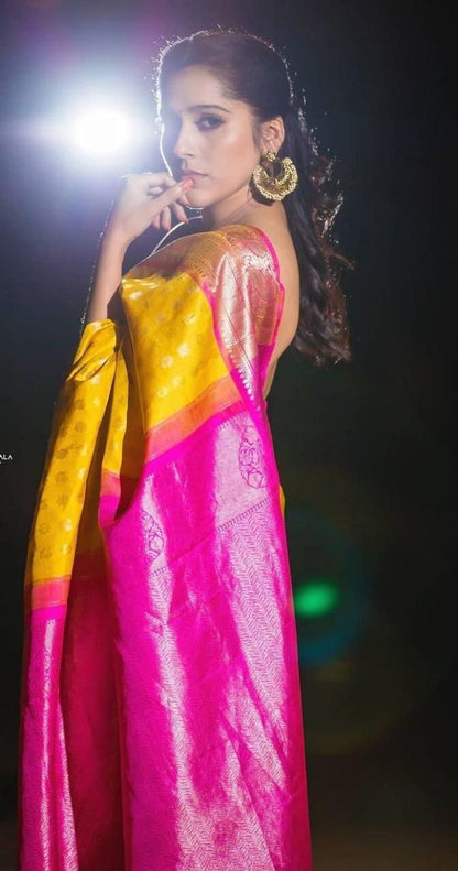 Ethinic Pocket Yellow Pink Soft Silk Saree With Jacquard Zari Weaving Work.