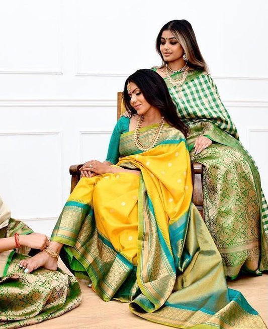 Ethinic Pocket Beautiful Yellow Soft Silk Jacquard Zari Weaving Saree.