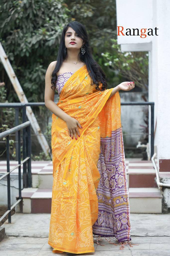Handicrafts Women's Hand Block Bandhani Print Pure Soft Cotton Mulmul Saree Grey Multi Colour Zari Border with Blouse Piece