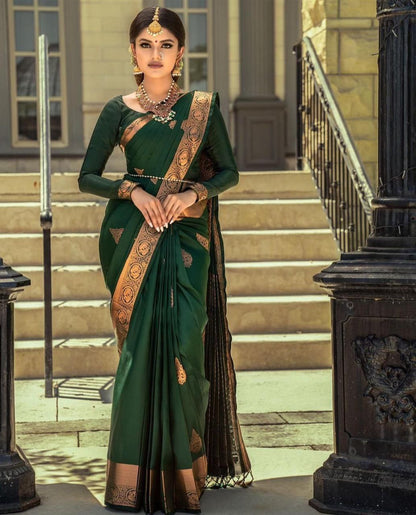 Green Banarasi copper zari  woven SOFT LICHI SILK SAREE
