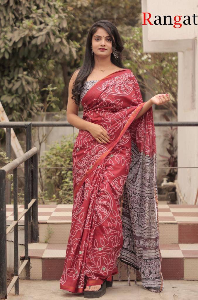 Handicrafts Women's Hand Block Bandhani Print Pure Soft Cotton Mulmul Saree Grey Multi Colour Zari Border with Blouse Piece