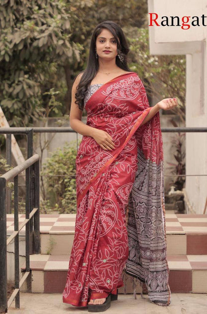 Handicrafts Women's Hand Block Bandhani Print Pure Soft Cotton Mulmul Saree Grey Multi Colour Zari Border with Blouse Piece