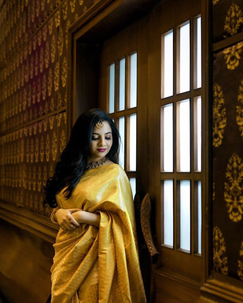 Yellow banarasi weaving silk saree