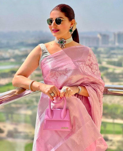 PINK Banarasi  zari  woven SOFT LICHI SILK SAREE