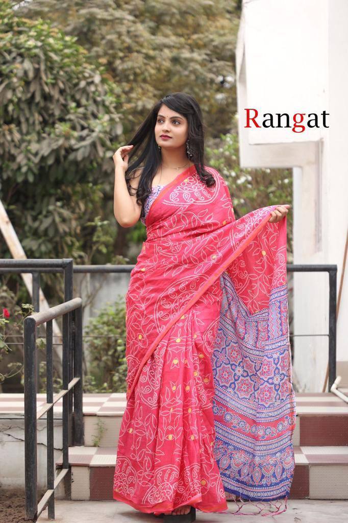 Handicrafts Women's Hand Block Bandhani Print Pure Soft Cotton Mulmul Saree Grey Multi Colour Zari Border with Blouse Piece