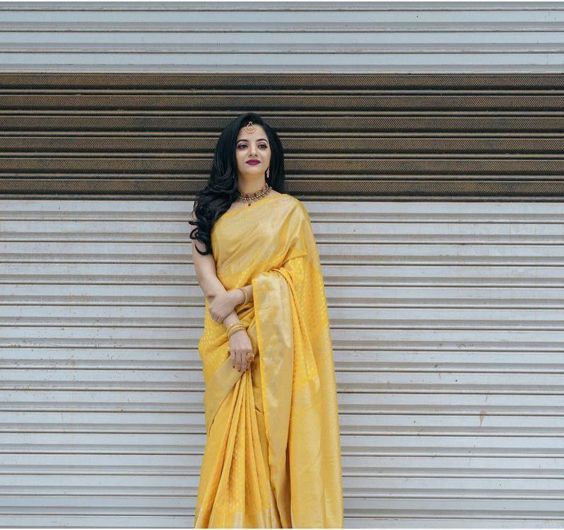 Yellow banarasi weaving silk saree