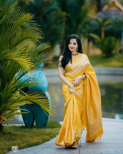 Yellow banarasi weaving silk saree