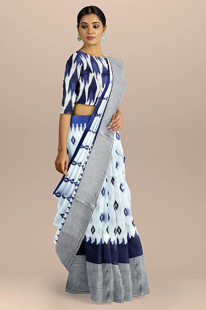 Handicraft Ladies Pure soft Cotton Block Printed Casual Wear Sari With Blouse Piece Ragini White Blue