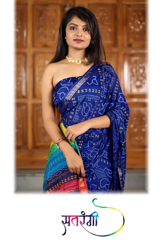 Handicraft Ladies Bandhani Print Pure soft Cotton Sari With Blouse Piece Satrangi Blue